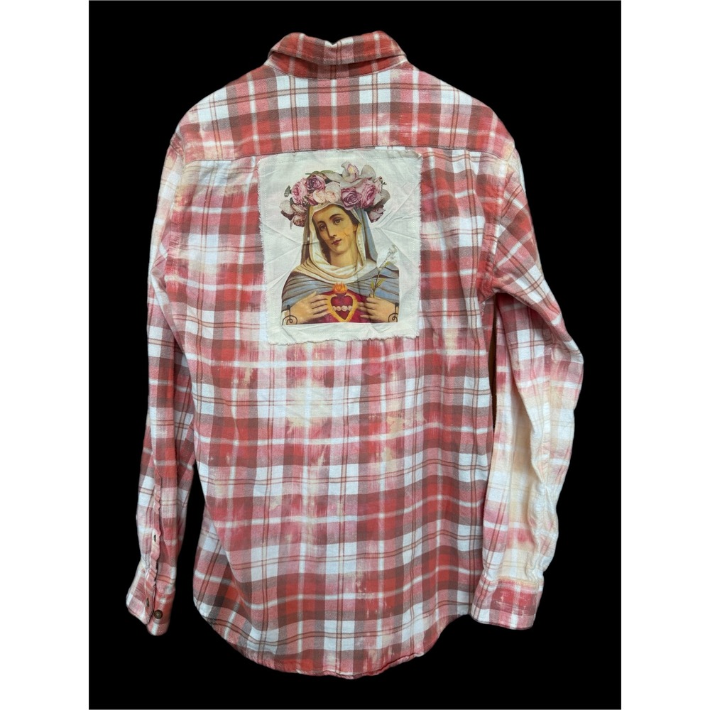 Sacred Heart Mary Flannel Small Upcycled Cotton Shirt Boho Folk Art - Picture 3 of 9